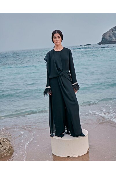 Genel Markalar Kolları Tüylü Şifon Detaylı Tulum-BEJ - 36