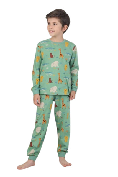 İsobel Kids Pijama cu animalute, verde, 100% bumbac