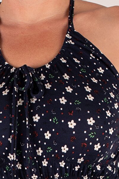 armonika Women's Navy Blue V-Neck Elastic Waist Tie-Up Back Midi Dress Arm-25Y001107