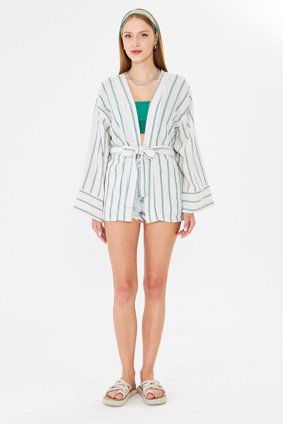 armonika Women's Dark Green Belted Kimono Arm-25Y001073