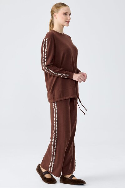Tığ Triko Leopard Stripe Trouser Knitwear Set Brown