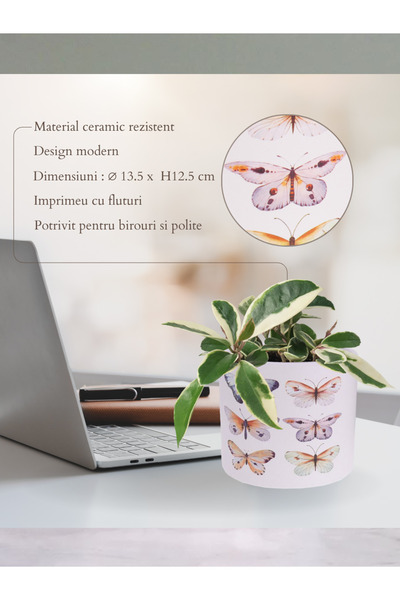 Azay Design Decorative ceramic pot, Azay Design, white with butterfly pattern, for plants and flowers, ⌀13.5cm