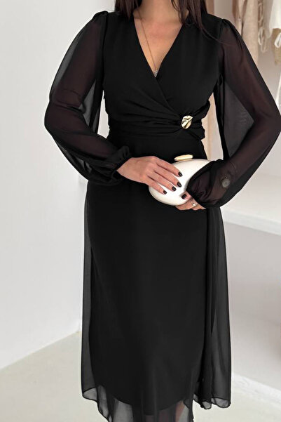 Neşeli Butik Women's lined chiffon dress with waist buckle detail NBK4329