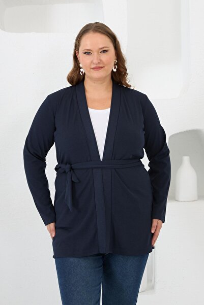 RMG Waist-Tied Knitted Plus Size Cardigan Navy Blue