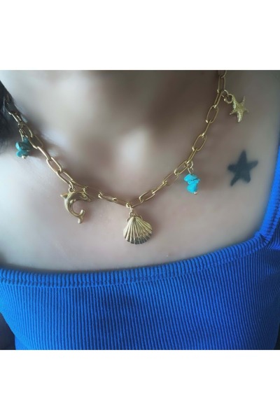 ACAR TAKI Steel Sea Shell, Starfish Charm Necklace 40+6Cm-Gold Acr6177