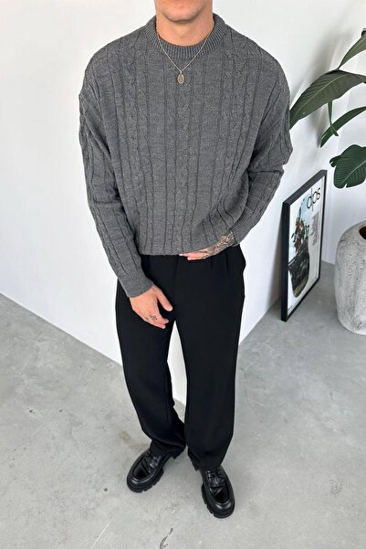 HAFKA Pulover tricotat relaxat cu model tricotat gri