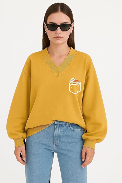 E-ROMA سويت شيرت CEP PAPATYA مطبوع برقبة على شكل حرف V للجنسين