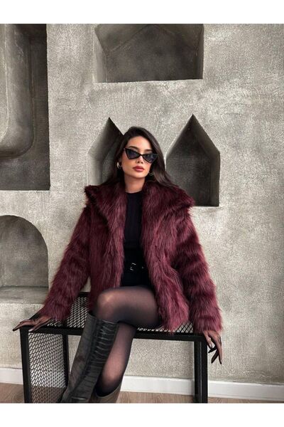 mafdress Women's Burgundy Shawl Collar Snap Button Fur Coat