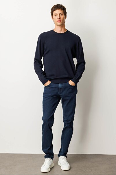 Desen Triko Чоловічий светр з круглим вирізом, в'язаний з вовни, темно-синій