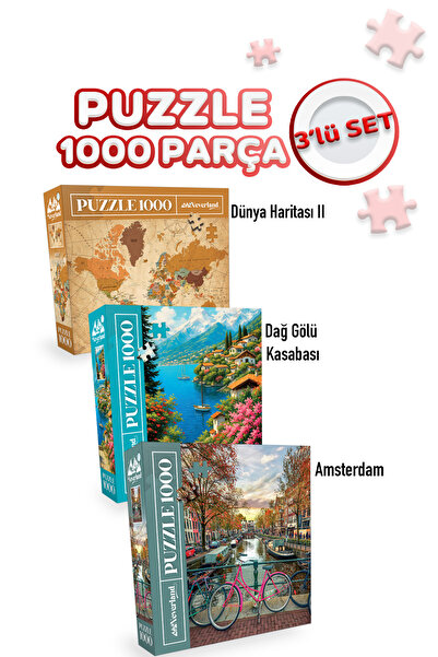 Neverland 3 ADET 1000 PARÇA PUZZLE - DAĞ GÖLÜ KASABASI VE AMSTERDAM VE DÜNYA HARİTASI-II