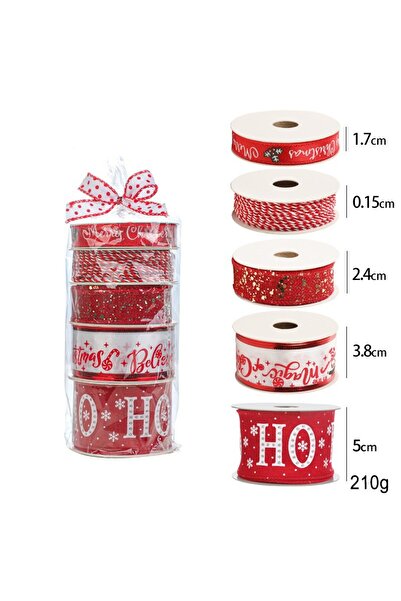Flippy Christmas Decorative Ribbon Set, 4 Ribbons + 1 Red & White Thread Spool, 2 m, HO HO HO