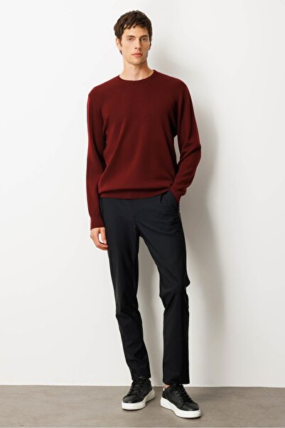 Desen Triko Men's Crew Neck Steel Knit Wool Sweater Burgundy