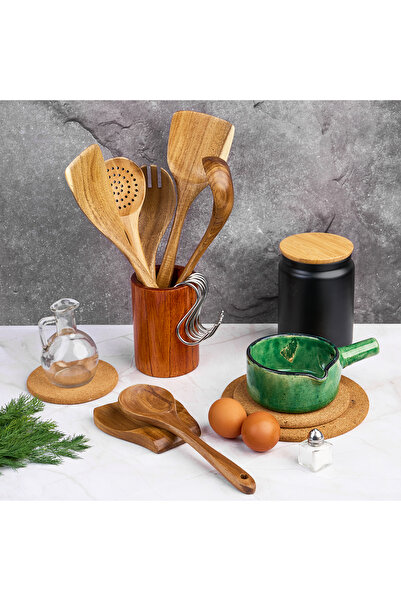 Onuvio Set of 8 Acacia Wood Kitchen Utensils – with Countertop Stand and Spoon Rest, includes 6 S-Hooks