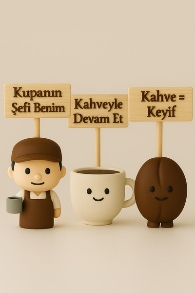 3D Stuff Barista Kahve Kupası ve Kahve Çekirdeği Tabelalı Dekoratif Figür Seti
