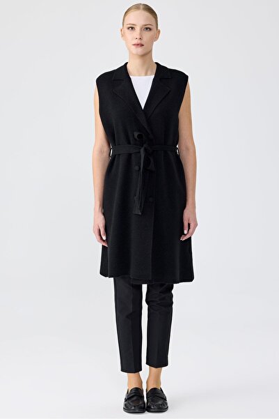 Tığ Triko Kruvaze Yaka Düğmeli Triko Yelek SİYAH