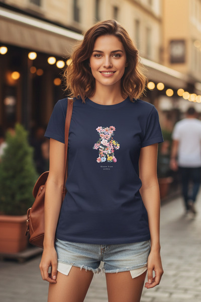 DK DAKSEL Синій колір Oversize Teddy Bear з принтом Жіноча футболка