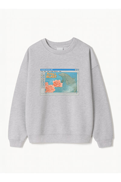 Disante Hanorac oversize pentru femei cu imprimeu Having a Blast – Gât cu gât...