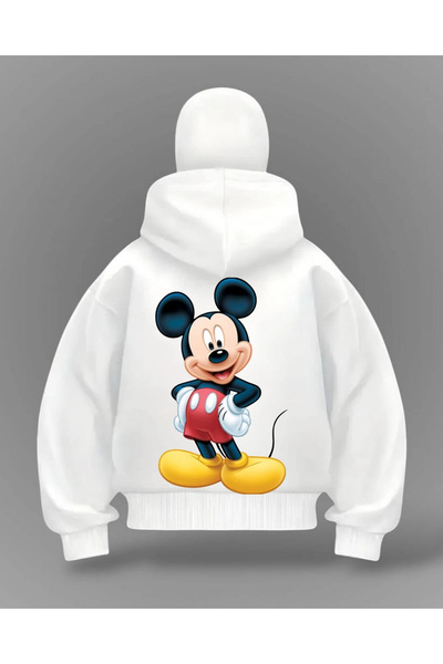 1blood Beyaz Mickey Mouse Baskılı Kar Maskeli Unisex Sweatshirt Hırka