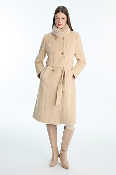 Zühre Camel Coat with Fur Collar, Button and Belt Detail 13830