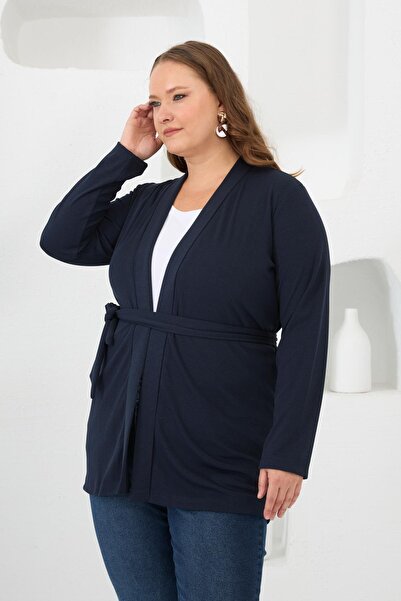 RMG Waist-Tied Knitted Plus Size Cardigan Navy Blue