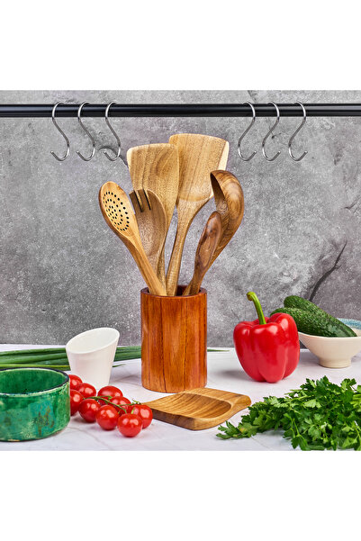 Onuvio Set of 8 Acacia Wood Kitchen Utensils – with Countertop Stand and Spoon Rest, includes 6 S-Hooks