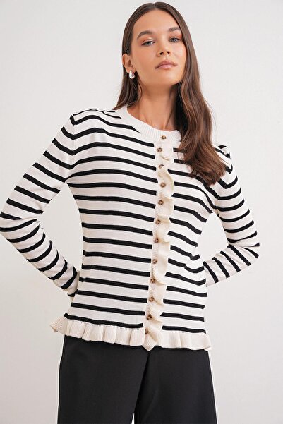 Mixray 6965 Γυναικεία Πλεκτή Ζακέτα με Ριγέ Λεπτομέρεια Φυσικό