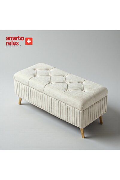 Smarto relax Appenzell Kapitone Sandıklı Puf Babyface Kaplama 110x40x45 cm Ahşap Ayaklı Dekoratif Puf (Ekru)
