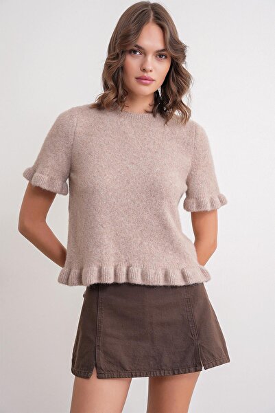 Mixray 6974 Γυναικείο πουλόβερ με βολάν από μάλλινο μείγμα με κοντό μανίκι Premium Mink Marn