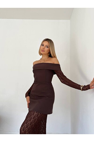 Miss Beyoğlu Kadın Dantel Abiye Elbise –Scuba Kumaş Omuz Açık, Uzun, Şık Gece & Davet Elbisesi – Yeni Sezon