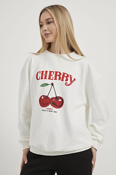 Arma Life Γυναικείο χειμερινό φούτερ με στάμπα Cherry Oversize Λευκό
