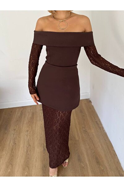 Miss Beyoğlu Kadın Dantel Abiye Elbise –Scuba Kumaş Omuz Açık, Uzun, Şık Gece & Davet Elbisesi – Yeni Sezon