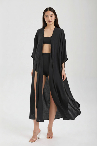 IMBUE Yan Yırtmaçlı Uzun Siyah Pareo Kimono Kaftan