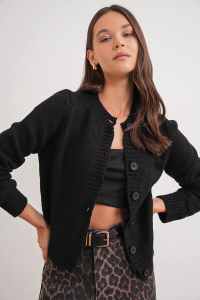 Mixray 6951 Kadın Bisiklet Yaka Düğmeli Triko Kısa Hırka Siyah