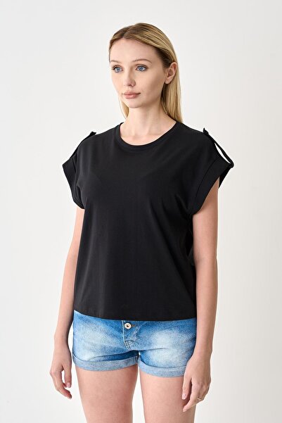 odelon Women's Epaulettes 100% Cotton Black T-Shirt