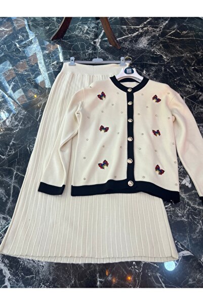 MY QILAM Γυναικείο Σετ Χιτζάμπ Κάτω και Πάνω Μέρος Κέντημα πεταλούδας Ζακέτα με Φούστα Πλεκτό Σετ Εκρού