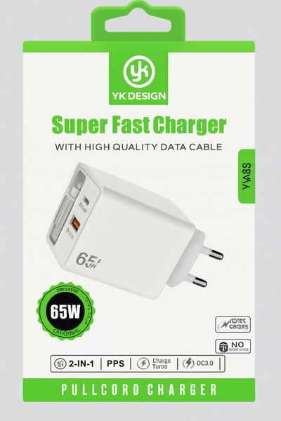 TECHNOMEN 65W Süper Hızlı Şarj Cihazı – 2’si 1 Arada Çekmeli Kablo, USB-A & Type-C, QC3.0 & PPS Destekli