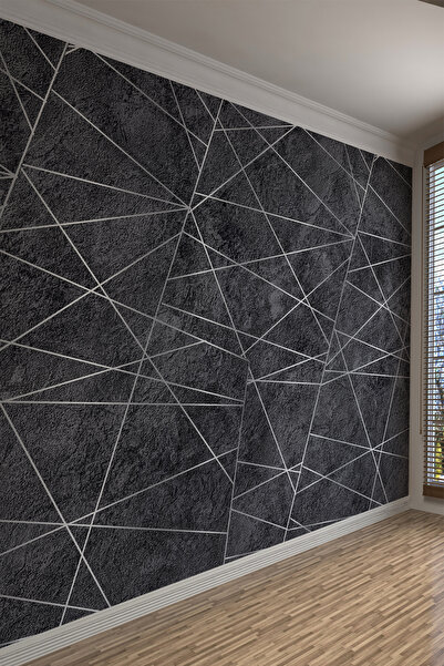 dreamwall Geometrik Çizgili Siyah Beton Efektli Tekstil Duvar Kağıdı