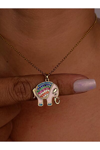 Furtek Aksesuar Kadın Minik Renkli Fil Çelik Kolye Sedefli Gold Zarif Günlük Rengarenk Trend Takı