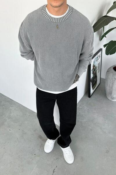 HAFKAGİYİM Gray Washed Ribbed Oversize Knit Sweater