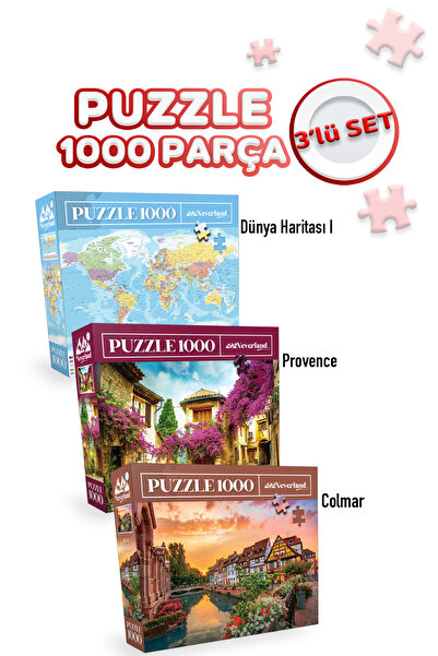 Neverland 3 ADET 1000 PARÇA PUZZLE - DÜNYA HARİTASI-I VE PROVENCE VE COLMAR