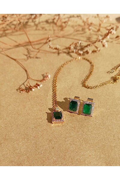 Artconsept Yeşil Taşlı Baget Kolye ve Küpe Set