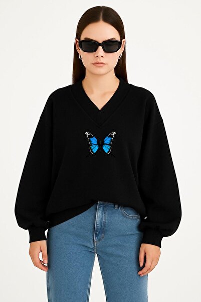 DM DOLCE MORE SWEATSHIRT UNISEX CU DECOLTEU ÎN V CU IMPRIMARE FLUTURE