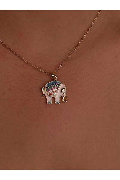 Furtek Aksesuar Kadın Minik Renkli Fil Çelik Kolye Sedefli Gold Zarif Günlük Rengarenk Trend Takı