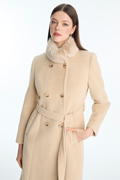 Zühre Camel Coat with Fur Collar, Button and Belt Detail 13830