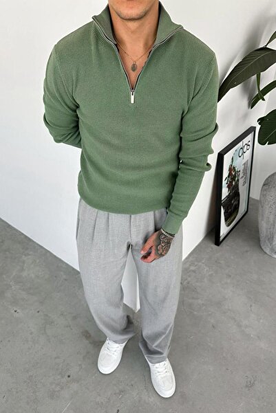 HAFKA Yeşil Basic Fitilli Yarım Fermuarlı Relaxed Kazak