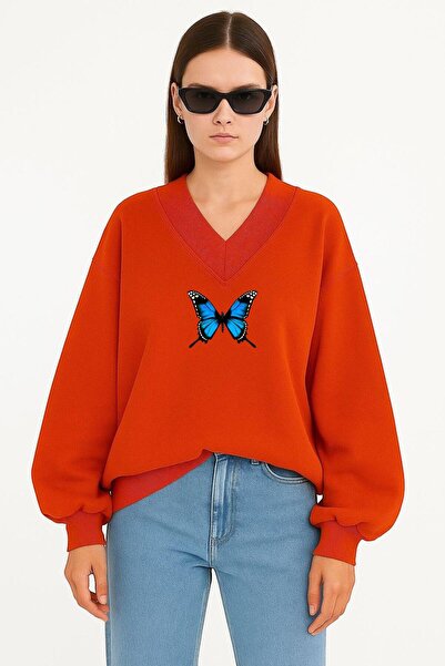 DM DOLCE MORE SWEATSHIRT UNISEX CU DECOLTEU ÎN V CU IMPRIMARE FLUTURE