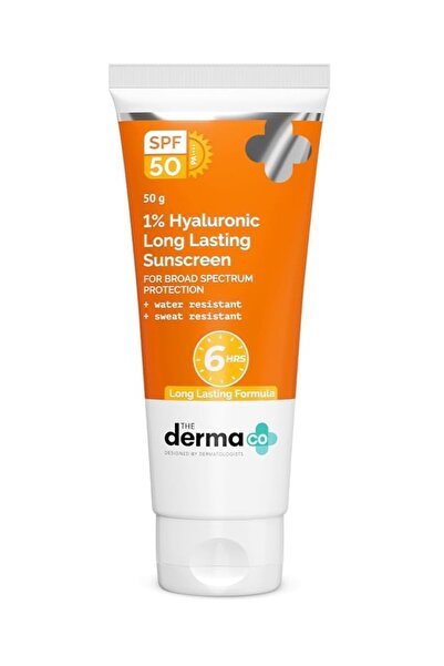 The Derma Co واقي شمسي طويل الأمد بحمض الهيالورونيك 1% SPF 50 PA++++ مع حمض الهيالورونيك وفيتامين E 50 جم