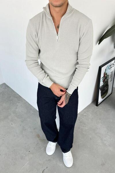 HAFKAGİYİM Gray Basic Ribbed Half-Zip Relaxed Sweater