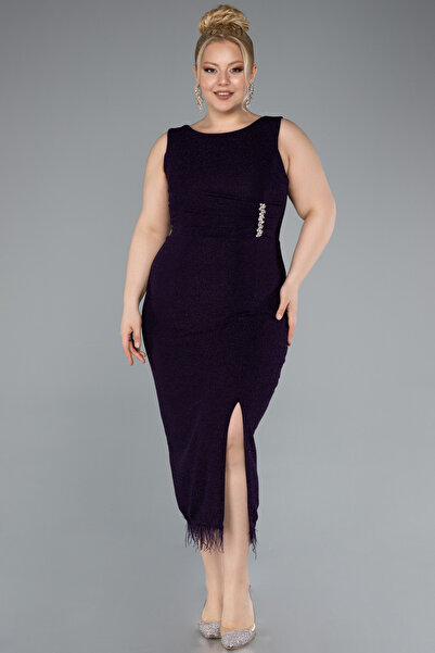 Abiyefon Koyu Mor Kolsuz Yırtmaçlı Midi Büyük Beden Abiye ABK2338