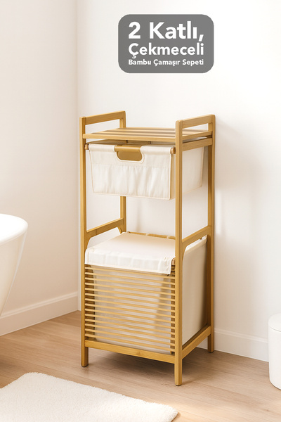 Meleni Home Çekmeceli Bambu Çamaşır Sepeti - Banyo Düzenleyici Organizer Rafl...